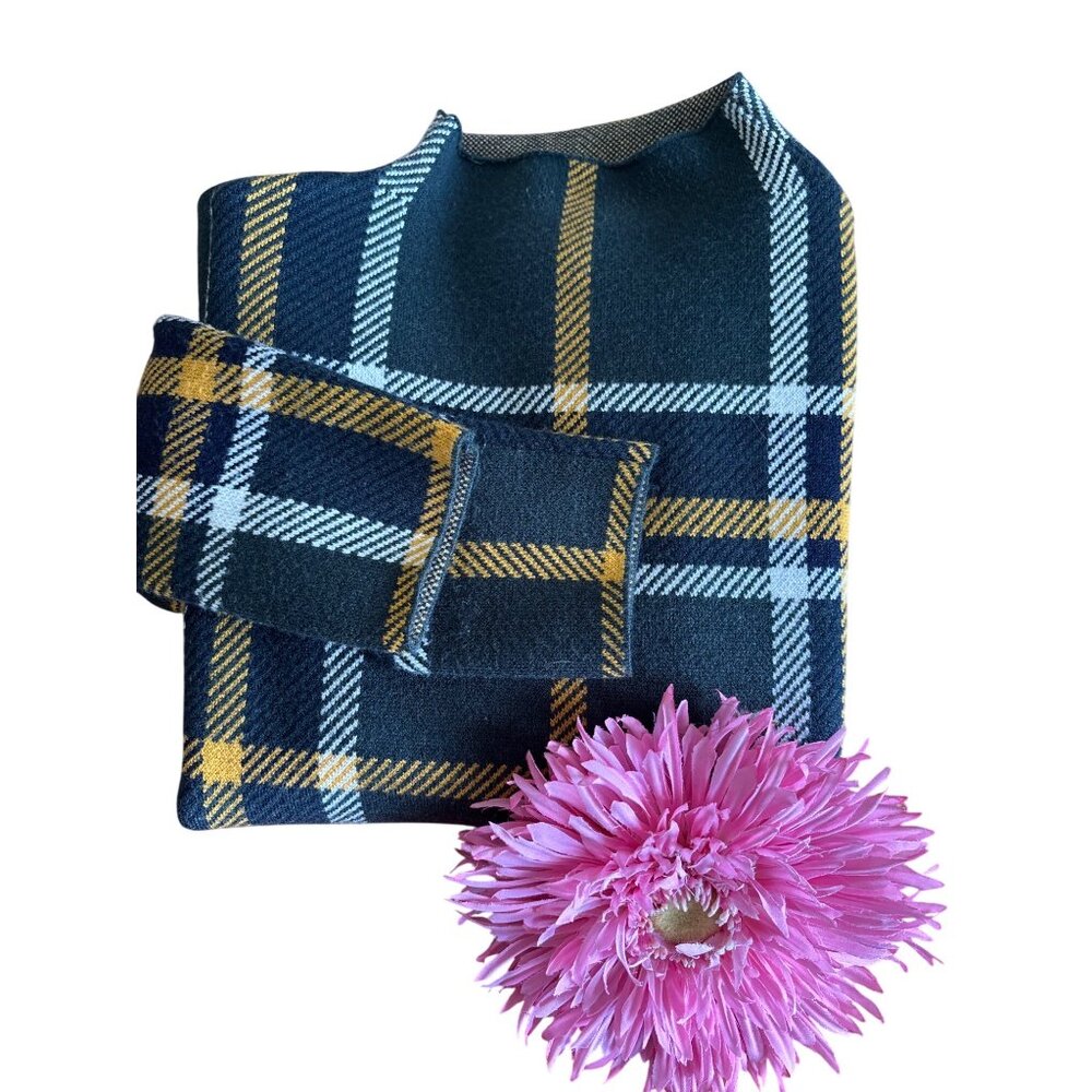 Tahari Plaid High Neck Knit Sweater In Green & Yellow Size XS